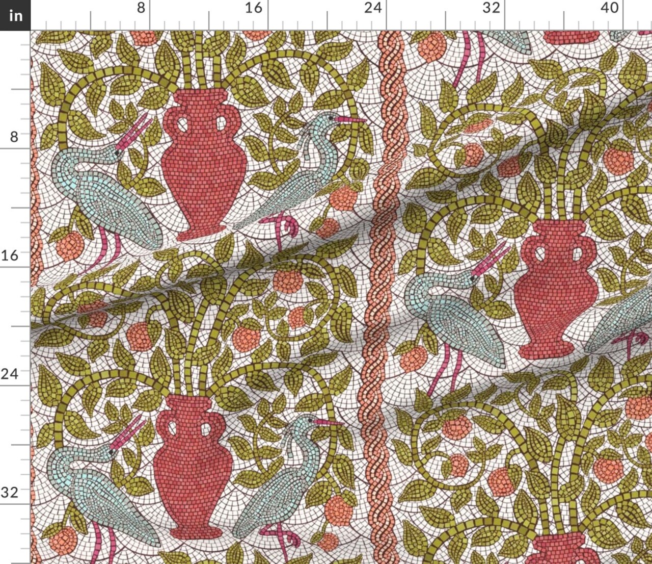 Birds Stone Fruit Art Deco Lemon Crane Heron Peaches Arts And Crafts Amphora Tree Faux Mosaic Large Scale Custom Printed Fabric by Spoonflower Various Fabrics by the Yard or Fat Quarter